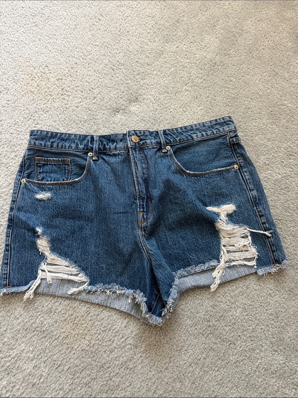 Good American Distressed Dark Blue High-Rise Denim Shorts | Sz 15/33